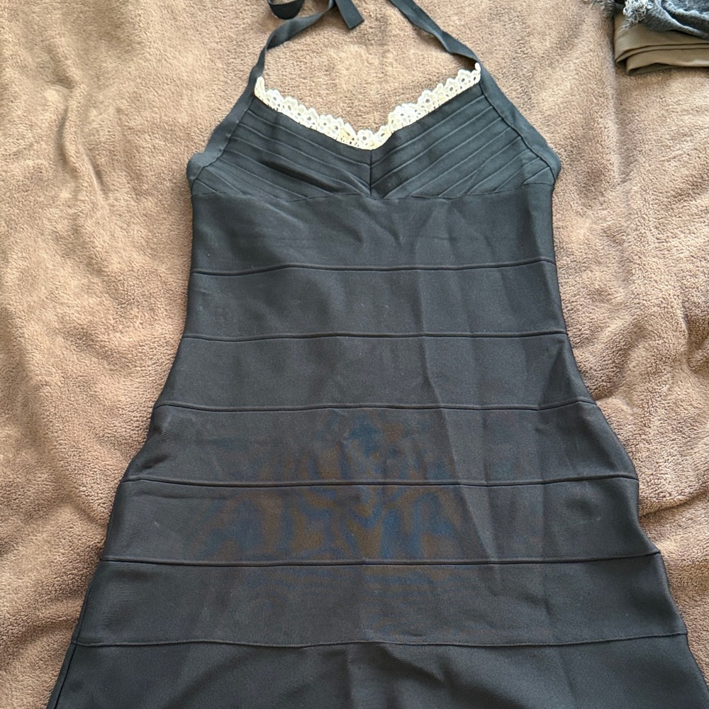 Herve Leger Black Midi Bandage Halter Dress with Cream Lace Trim